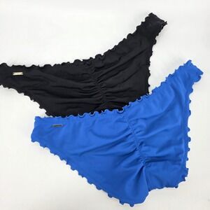 Lot 2 Victorias Secret Cheeky Bikini Swimsuit Bottoms Ruched Black Blue Ruffle M
